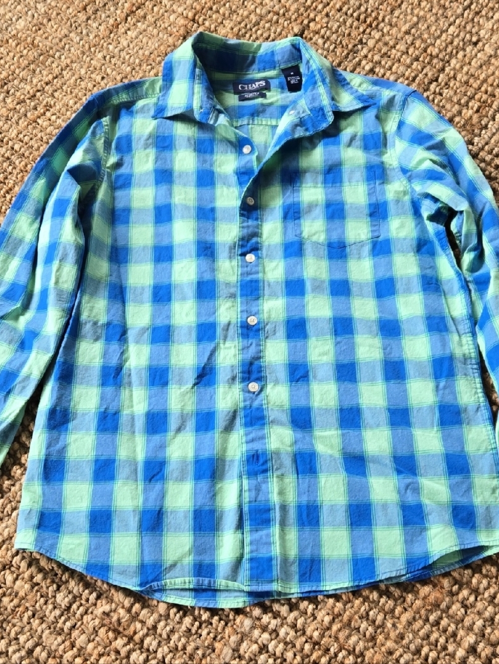 Chaps Men's Blue and Green Check Button-Down Shirt Like New